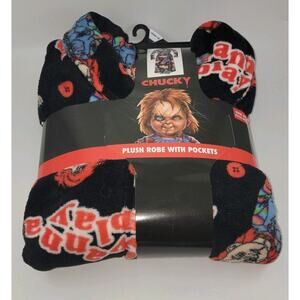 Chucky OSFM "Wanna Play" Bath Robe With Pockets Halloween Childs Play Black